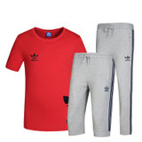 Adidas阿迪达斯男运动T恤短袖休闲运动裤修身针织长裤短裤三件套(红灰 L)