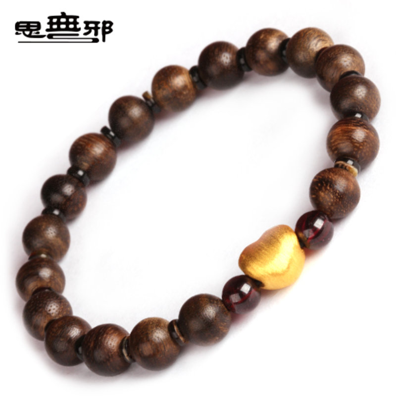 思无邪 新品3d硬金爱心沉香佛珠手链足金路路通转运珠