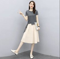 裙子/套装仿棉麻夏天女韩版女装2021新款休闲时尚洋气纯色两件套(深灰色)