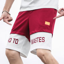 卡郎琪 沙滩裤男五分裤2020新款夏季外穿拼接运动裤潮学生大码男士休闲裤(KXP-S11酒红色 XL)