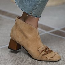 SUNTEK短靴女2021新款女鞋法式复古马丁靴中跟粗跟裸靴秋冬踝靴棕色(37 深蓝色（绒里）)