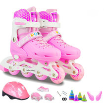 溜冰鞋男女儿童款直排轮滑鞋旱冰鞋可调长短滑冰鞋单闪套装(粉红色 M号（适合33-37码）)