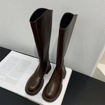 SUNTEK韩版棕色V口显瘦高筒靴女鞋2021年冬季新款圆头长筒靴不过膝长靴(37 棕色长筒单里361-2)