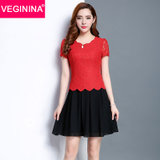 VEGININA 韩版修身显瘦短袖蕾丝假两件连衣裙 9706(红色 3XL)