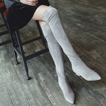 2017磨砂牛皮低跟方跟尖头绒里套筒女士过膝长筒靴高筒靴女靴(39)(黑色修面皮)