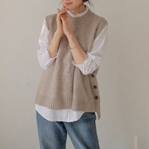 MISS LISA背心针织女圆领外穿外套韩版复古坎肩无袖毛衣马甲331633(卡其色 M)