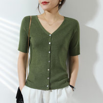 21夏季新款针织开衫女半袖韩版外搭毛衣短款五分袖薄外套修身显瘦(军绿色 L)