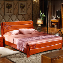 木巴现代中式实木床高箱床1.8米 橡胶木双人床硬板床古典床(C196+CTG051(二个） 默认)