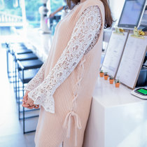 Mistletoe2017新款秋冬装 女装韩版显瘦系带针织衫中长款V领毛衣(粉红色 L)