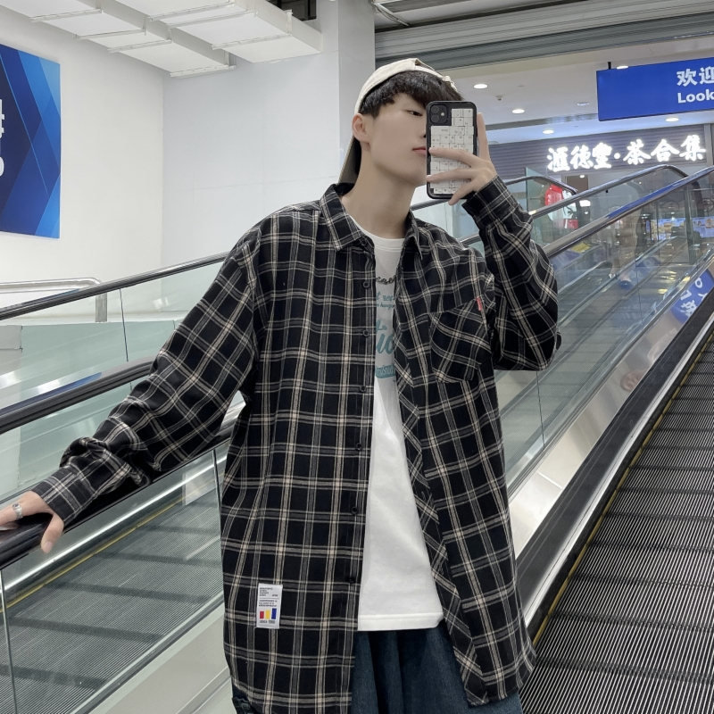 休闲衬衫男秋季新款外套帅气个性格子宽松外穿搭纽扣上衣服男装(黑色