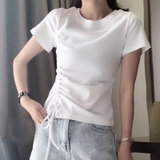 SUNTEK2022夏季装新款修身抽绳白色体恤上衣女设计感小众打底衫短袖T恤(M 白色【301#抽绳纯色】)