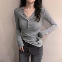 MISS LISA长袖t恤女低领打底衫内搭薄款百搭v领上衣5319(浅灰色 XL)