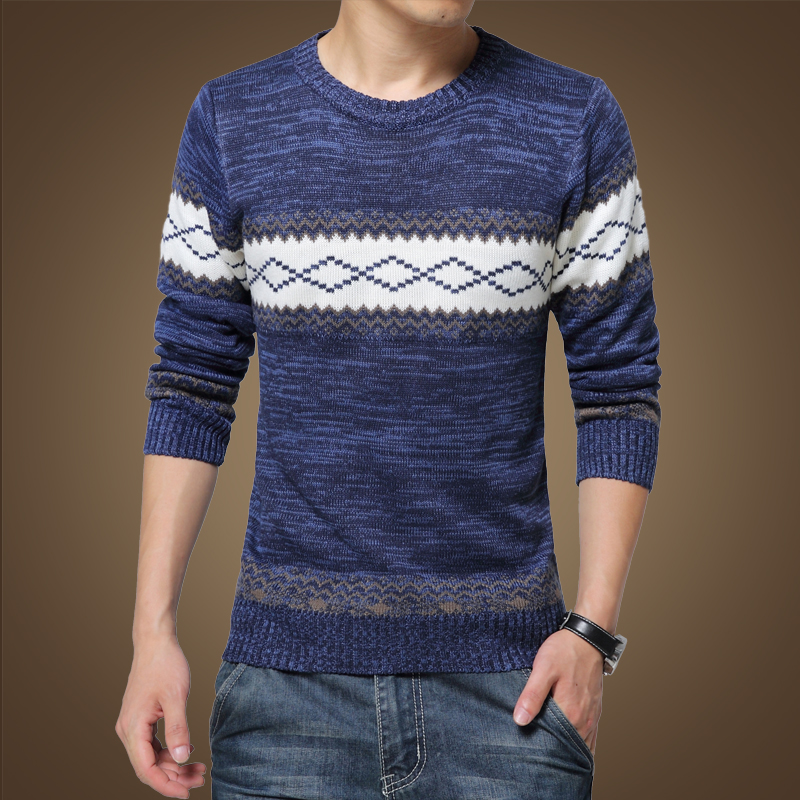 男装秋装男士针织衫潮韩版外套男士粗线圆领拼接套头毛衣男S1615 值得(蓝色 XL)