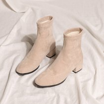 SUNTEK靴子女2021春秋单靴中跟粗跟弹力瘦瘦靴马丁靴女鞋新款冬季短靴女(34 杏色（加绒）)