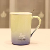 马克杯子陶瓷杯家用水杯创意潮流带盖勺可爱小猪少女心早餐杯礼品(渐变杯+盖勺400ML)