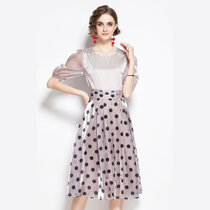 亿梦诗 时尚新款泡泡袖上衣波点半身裙a字裙法式两件套ET668(粉红色 L)