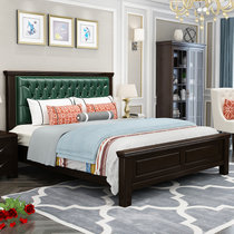 恒兴达 橡胶木实木床 美式实木床1.8米双人气压高箱床婚床1.5m单人床卧室家具(1.8*2米胡桃色+绿皮 床+床垫+床头柜*2)