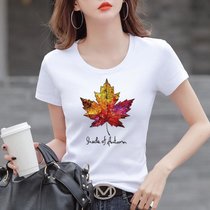 棉 T恤女夏季印花设计感体恤衫修身显瘦上衣韩版女装(字母彩色枫叶【白色】 3XL)
