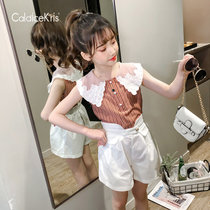 CaldiceKris（中国CK）女童蕾丝花边领无袖条纹衫白色短裤套装CK-FS3415(白色 150)