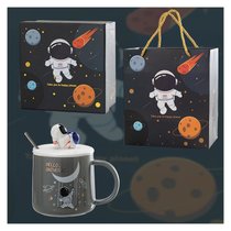 创意ins星空宇航员礼物水杯卡通陶瓷马克杯带盖勺家用牛奶咖啡杯kb6(灰宇航员+勺盖(礼盒加袋))