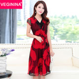 VEGININA 韩版时尚显瘦印花蕾丝中长款连衣裙 9626(红色 3XL)