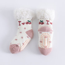 秋冬加绒加厚羊羔绒婴儿冬鞋袜厚袜子防滑保暖珊瑚绒学步地板袜(白色樱桃 S码)