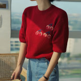 短袖T恤女2022春夏新款樱桃提花甜美圆领宽松百搭针织衫上衣潮1053(红色 均码)