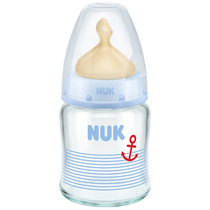 NUK宽口径玻璃奶瓶蓝色120ml 配防胀气自然实感乳胶奶嘴0-6个月中圆孔