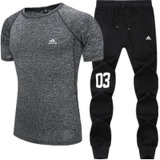 Adidas/阿迪达斯 男子 短袖圆领透气运动T恤运动长裤运动套装(黑灰 L)