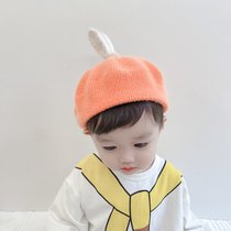 SUNTEKins秋冬新款韩版婴幼儿童洋气针织帽贝雷帽子宝宝柔软画家毛线帽(约7个月-4岁（46-52cm）有弹性 橘色（兔耳朵）)