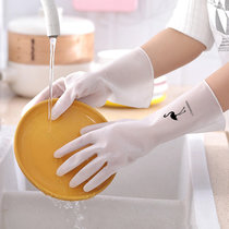 家务洗碗手套加绒手套透白洗衣防水塑胶皮家用清洁橡胶防滑耐用厨房洗菜(透白火烈鸟均码（M） 5双装)