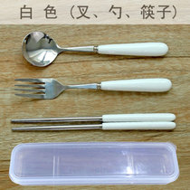 便携式陶瓷不锈钢三件套西餐具汤勺子筷子刀叉子套装创意可爱学生(叉-勺-筷子三件套(白色))