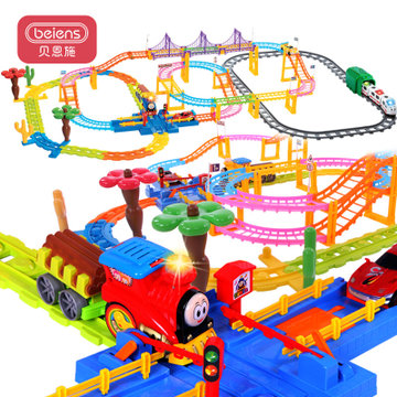 贝恩施多层立交积木轨道电动火车塑料3388组合装 儿童玩具
