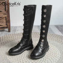CaldiceKris（中国CK）复古纽扣勋章徽章高筒骑士靴女CK-X3233-1(黑色 40)