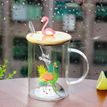 丛林火烈鸟高硼硅玻璃杯带盖带勺透明玻璃水杯创意咖啡牛奶杯子 混发 301-400ml(混发)(301-400ml)