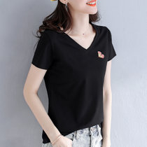 莫代尔短袖t恤女士2021年新款夏季短款女装v领上衣纯棉薄款t桖衫(黑色 XL)