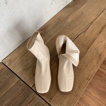 SUNTEK韩版瘦瘦靴女鞋子2021年新款春秋单靴软皮夏季白色平底炸街小短靴(39 米白色侧拉链款{单里})