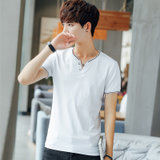 左岸男装V领短袖T恤韩版修身青少年纯棉纯色半袖T恤衫潮(白色 M)