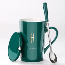创意个性陶瓷马克杯带盖勺咖啡杯家用情侣喝水杯子男生办公室茶杯(墨绿金-H)