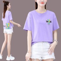 短袖t桖女宽松时尚打底衫今年流行韩版卡通印花上衣(紫色 2XL 130-145斤)