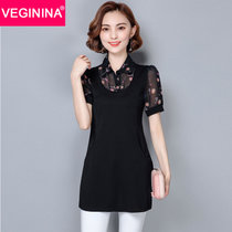 VEGININA 中长款修身大码印花雪纺假两件衬衫 9513(黑色 XL)