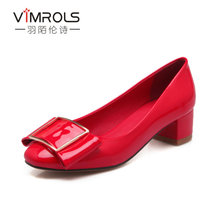 羽陌伦诗 韩版时尚百搭新款女鞋简约OL风金属装饰中跟粗跟单鞋 R196(红色 39)
