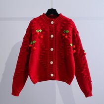重工毛衣开衫女秋冬加厚粗毛线红色樱桃宽松外穿学院风针织衫外套(红色 均码 （80斤-130斤）)
