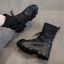 SUNTEK英伦风马丁靴女2021新款冬季加绒春秋单靴厚底内增高女鞋中筒靴子(37 黑色绒里)