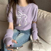 短袖T恤女2022春夏新款可爱兔子提花圆领针织衫女上衣1052(紫色 均码)