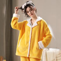 秋冬季女士睡衣甜美长袖开衫毛绒卡通动漫套装家居服新款(黄色 XL)