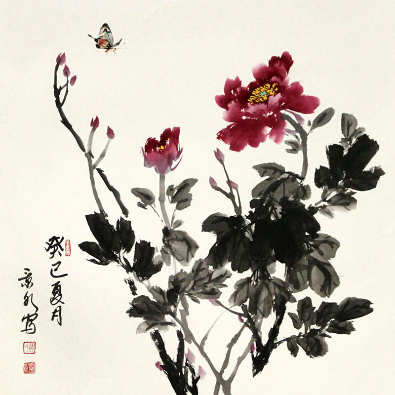贾景水牡丹国画花鸟画水墨写意牡丹蝴蝶斗方