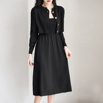 MISS LISA名媛风针织套装春装新款针织开衫时尚吊带连衣裙两件套720035(黑色 M)