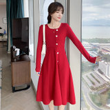 MISS LISA名媛气质红色打底裙子法式大摆修身针织长袖连衣裙C358(红色 S)