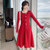 MISS LISA名媛气质红色打底裙子法式大摆修身针织长袖连衣裙C358(红色 XL)